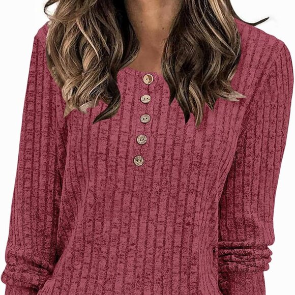 Women's Fall Long Sleeve Henley Shirts Button Down Ribbed Sweaters Casual Tunic - Picture 1 of 5